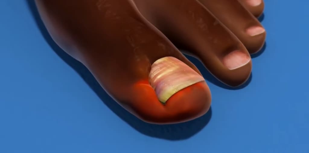 A close-up of an inflamed big toe with partial nail removal